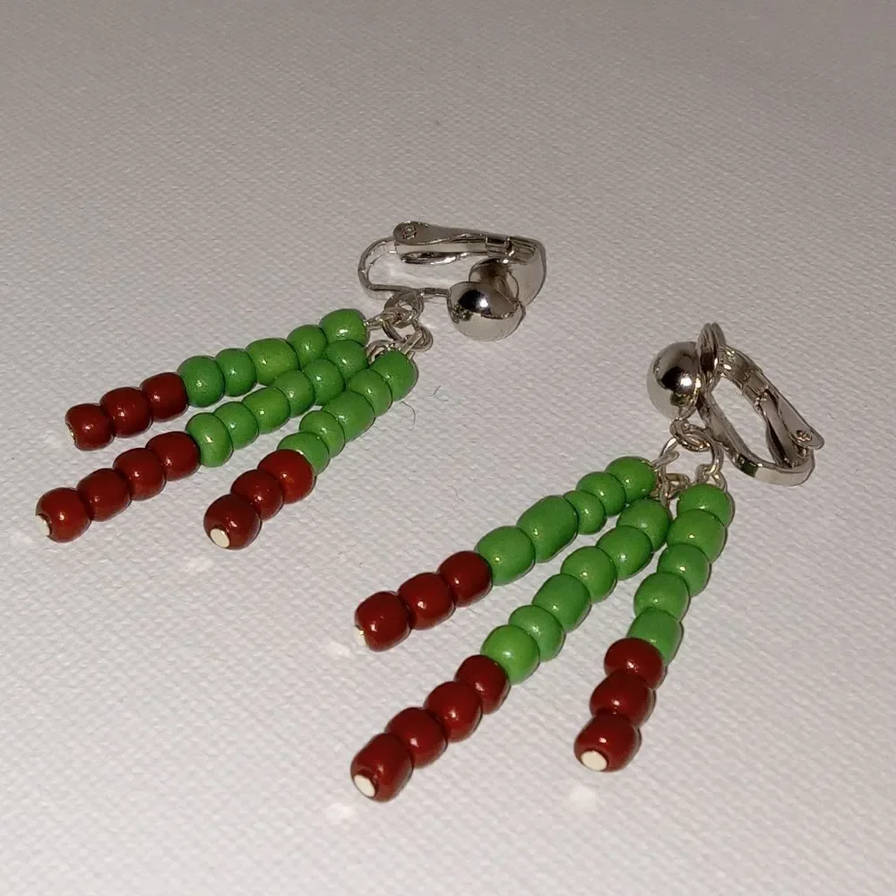 Green and brown beaded 3 stick earrings